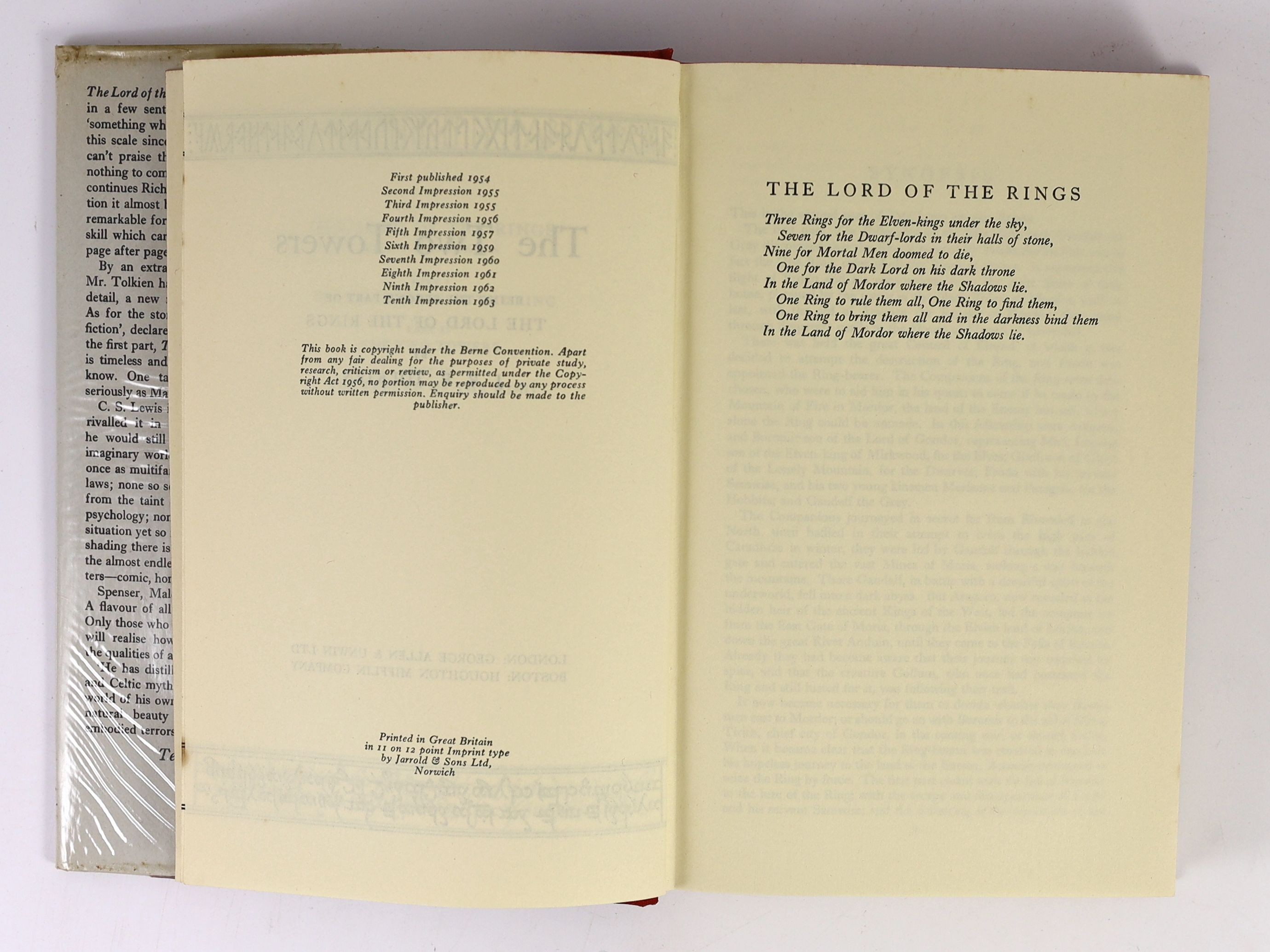 Tolkien, J.R.R - Lord of the Rings - The Fellowship of the Ring, 11th impression, 1961, The Two Towers, 10th impression, 1963 and The Return of the King, 11th impression, 1965, all with unclipped d/j’s, retaining folded